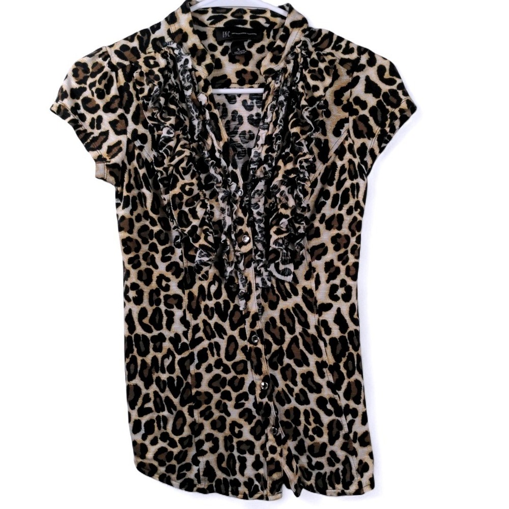 INC Women S Ruffle Front Leopard Print 100% Rayon Brown Mob Wife Office Siren - Picture 3 of 9